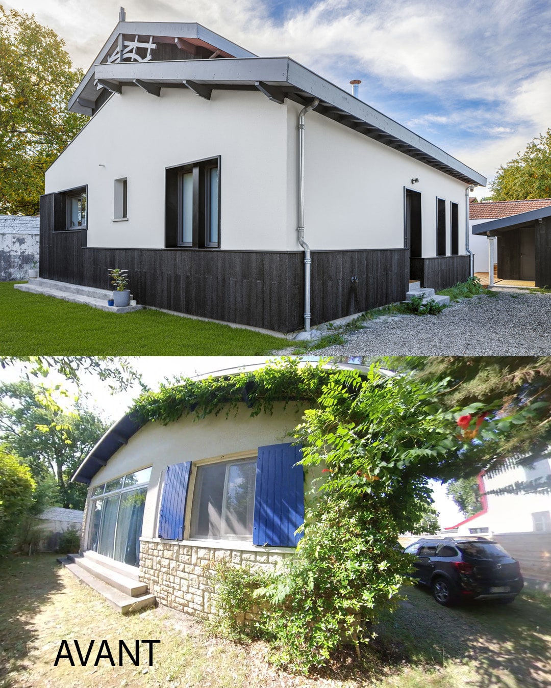 Comparaison avant/après rénovation d'une maison : avant, façade en pierre avec volets bleus; après, façade blanche et bois sombre. AVANT visible.