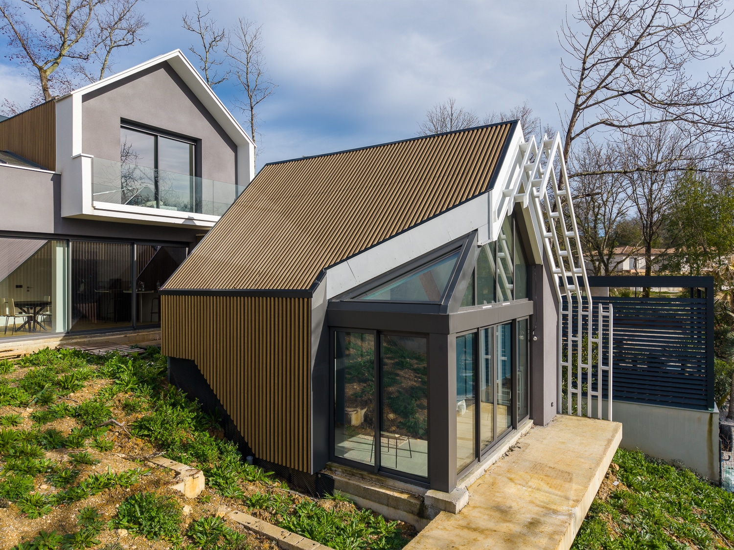 Maison moderne avec extension en bardage bois, grandes baies vitrées et architecture contemporaine sur terrain en pente.