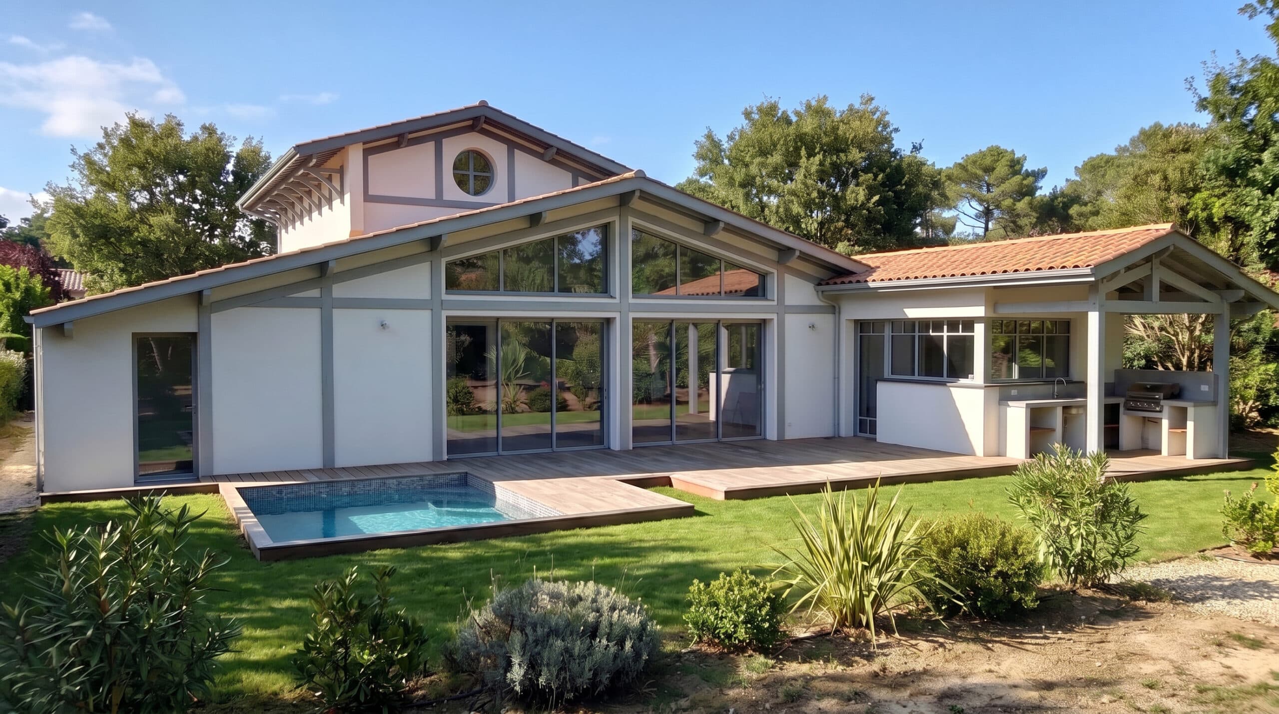 Maison moderne avec petite piscine, terrasse en bois et grandes baies vitrées dans un jardin paysager.