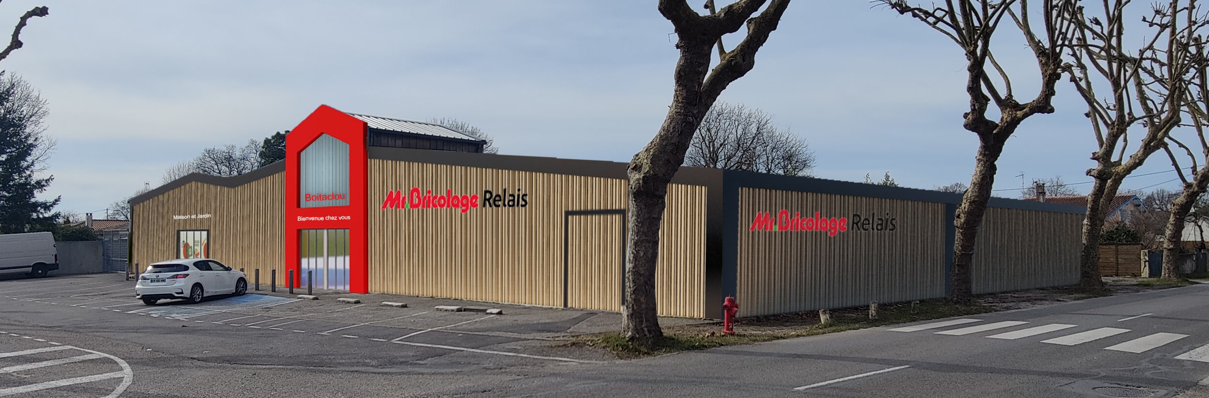 Magasin Mr. Bricolage Relais Boitaclou avec façade bois moderne et enseigne Bienvenue chez vous.