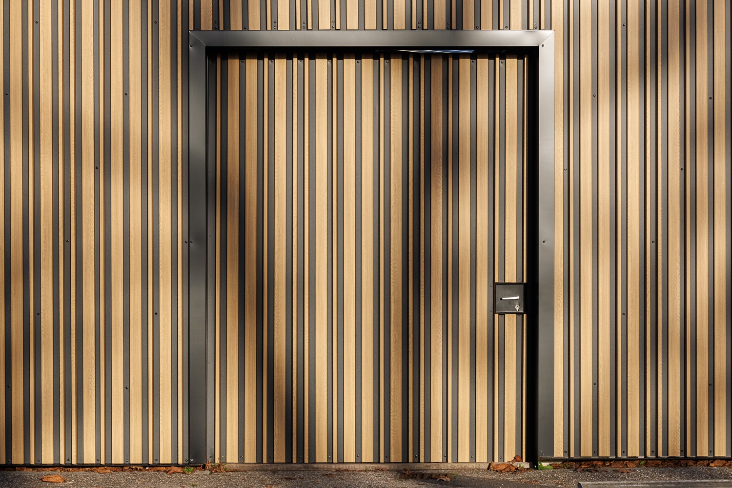 Porte moderne intégrée dans un bardage bois et métal noir avec serrure discrète et ombres d'arbres.
