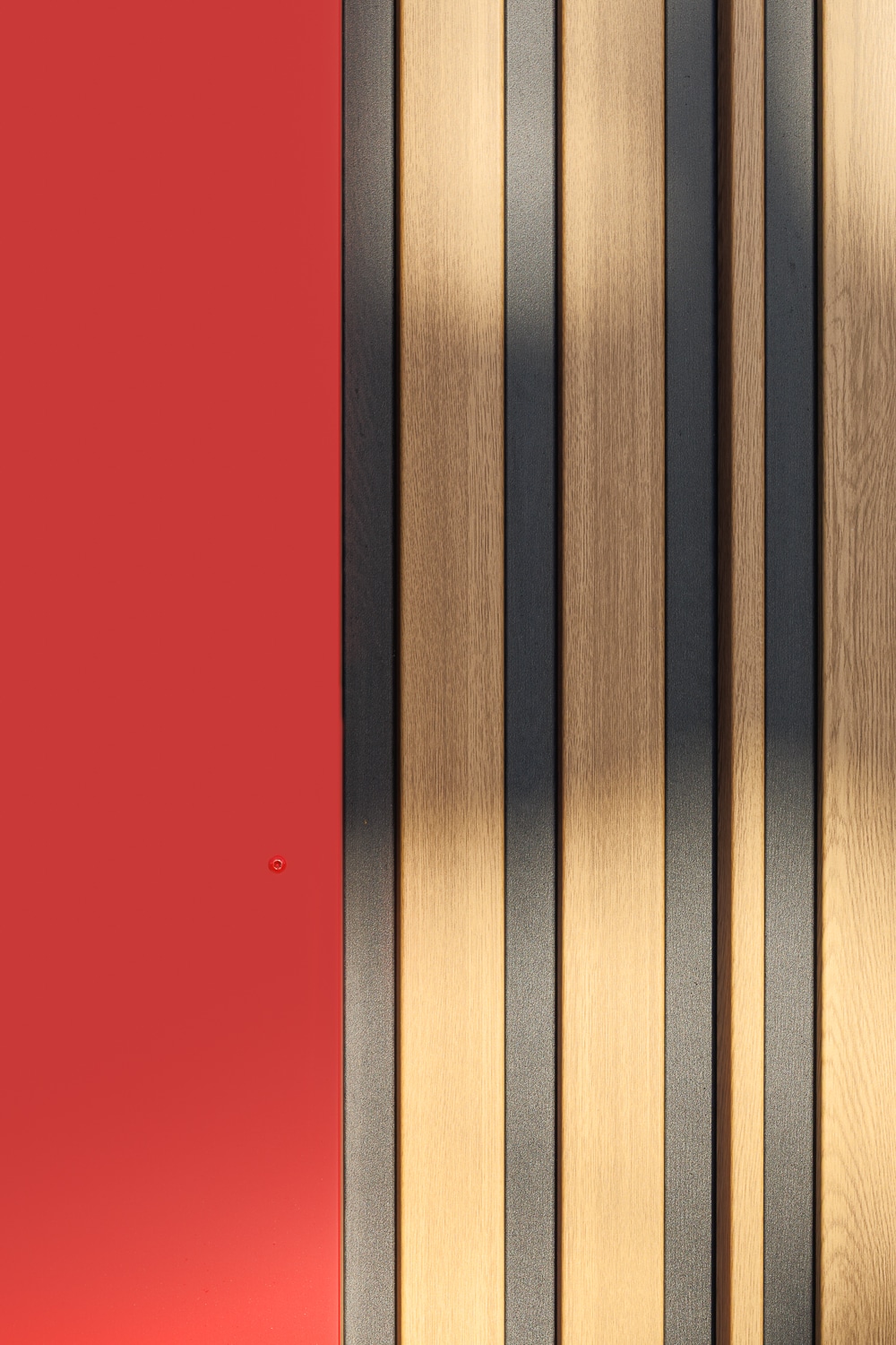 Panneau rouge vif juxtaposé à des lattes de bois verticales et gris anthracite au design moderne et épuré.