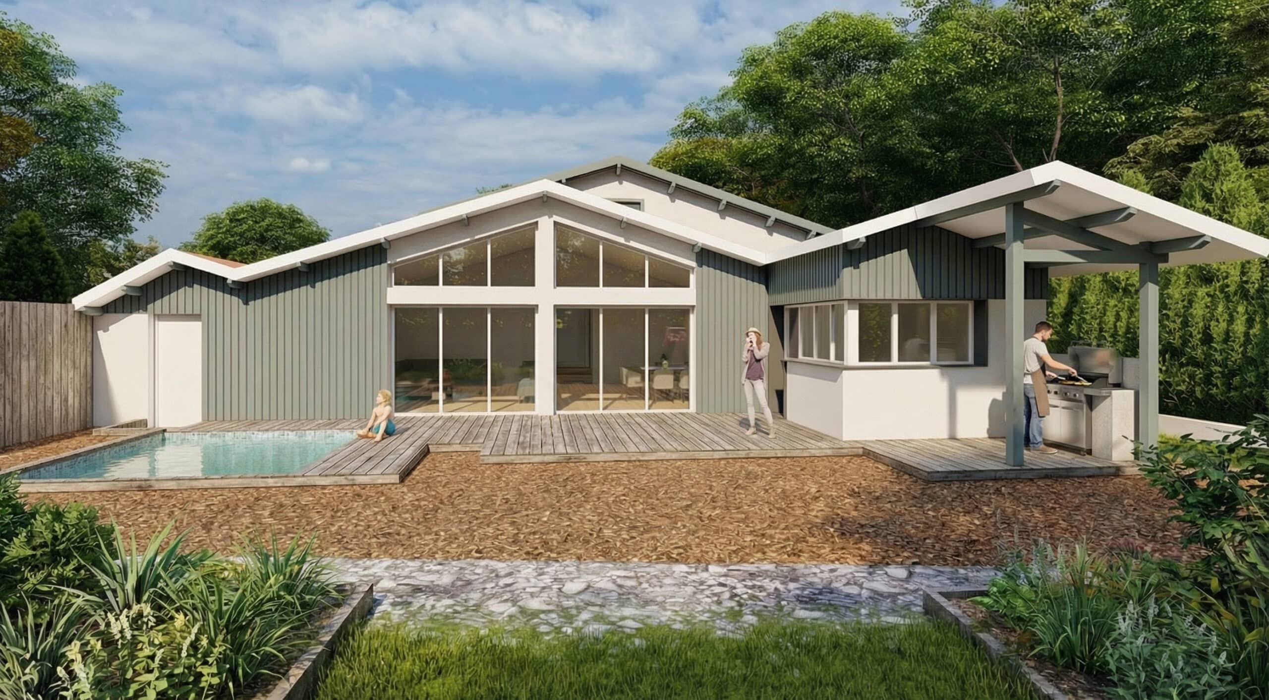 Villa contemporaine avec piscine, grande baie vitrée et espace barbecue sur terrasse en bois entourée de verdure.