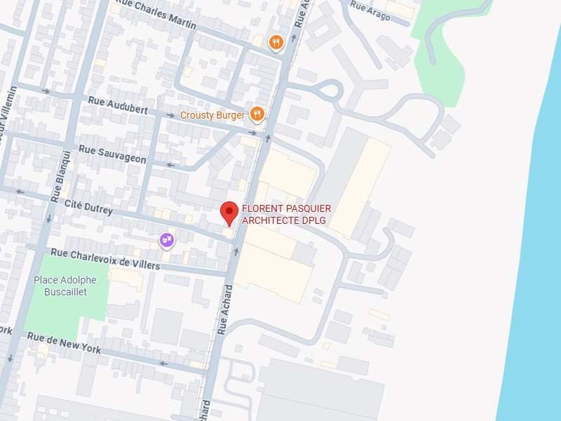 Florent Pasquier Architecte DPLG : Carte et Rue Achard Carte géographique urbaine. Localisation de FLORENT PASQUIER ARCHITECTE DPLG, Rue Achard, près de Crousty Burger et de la Place Buscaillet.