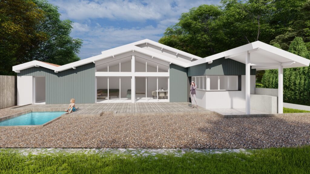 Villa moderne en bois gris avec terrasse, piscine et larges baies vitrées dans un jardin verdoyant.