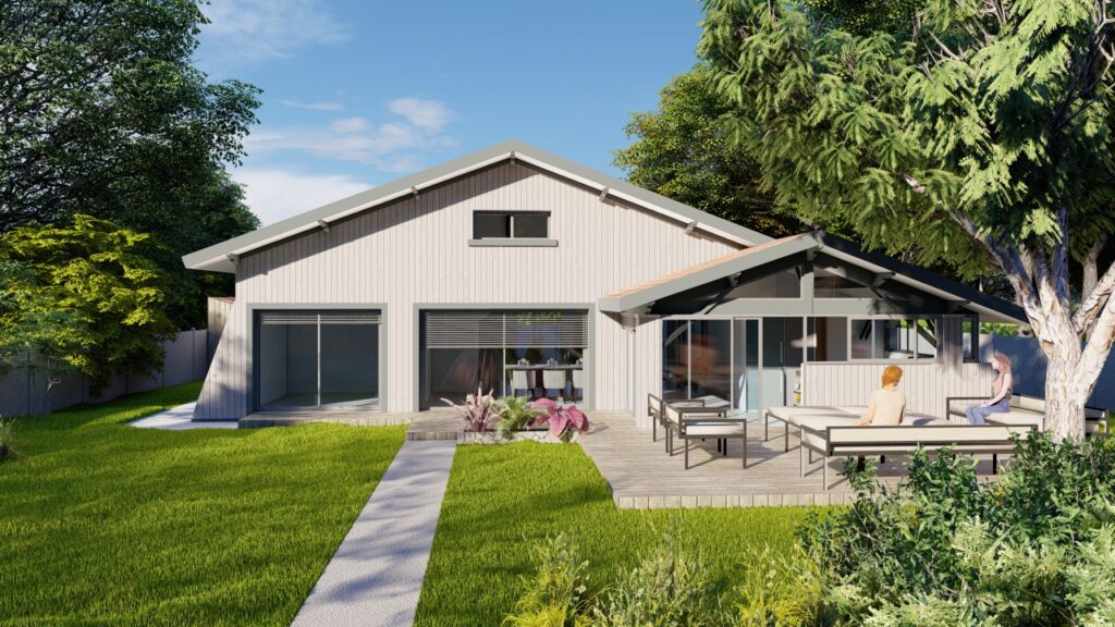 Maison contemporaine en bois avec grande terrasse aménagée, jardin verdoyant et larges baies vitrées.