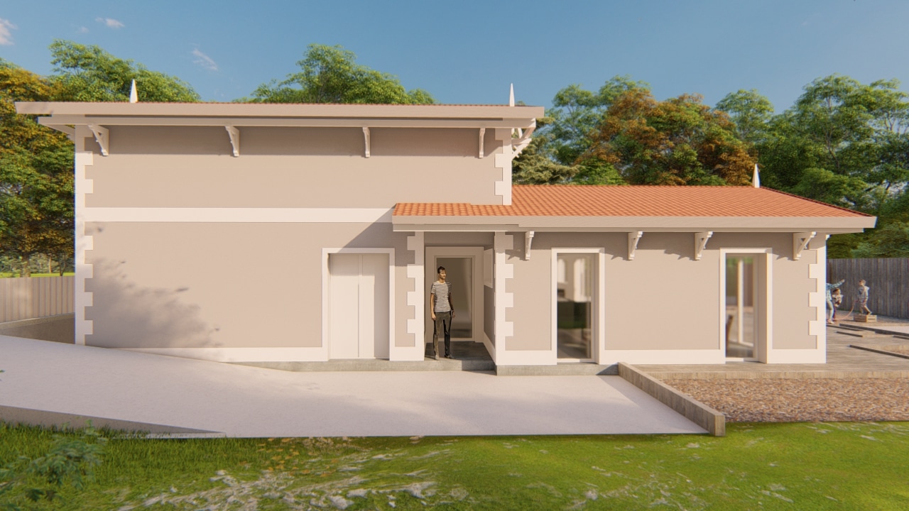 Maison contemporaine beige avec toit en tuiles rouges, bordures blanches et jardin arboré ensoleillé.