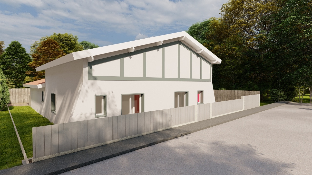 Maison contemporaine blanche à toit gâble avec finitions grises, clôture en bois et jardin, rendu architectural.