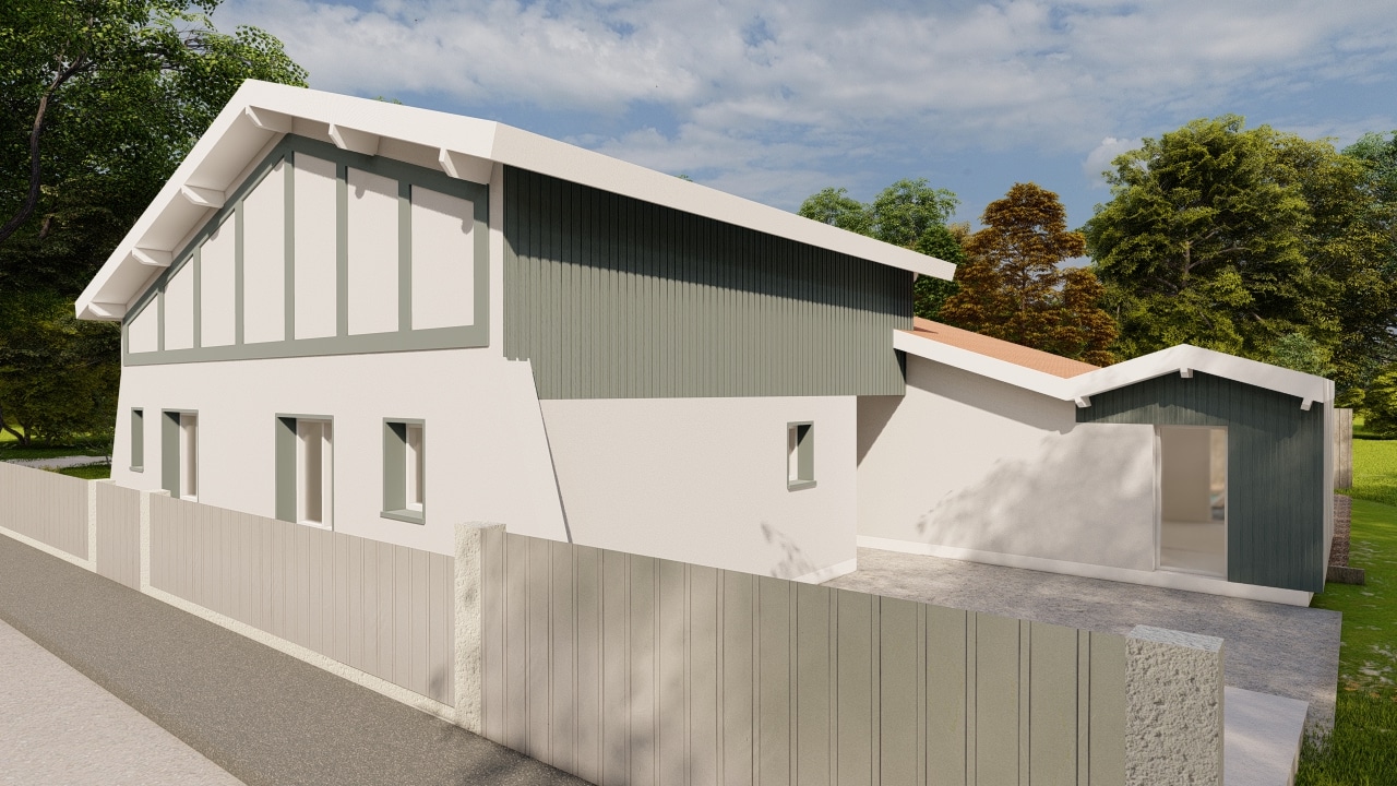 Maison contemporaine blanche et vert sauge avec toit à pignon, clôture moderne et jardin arboré.