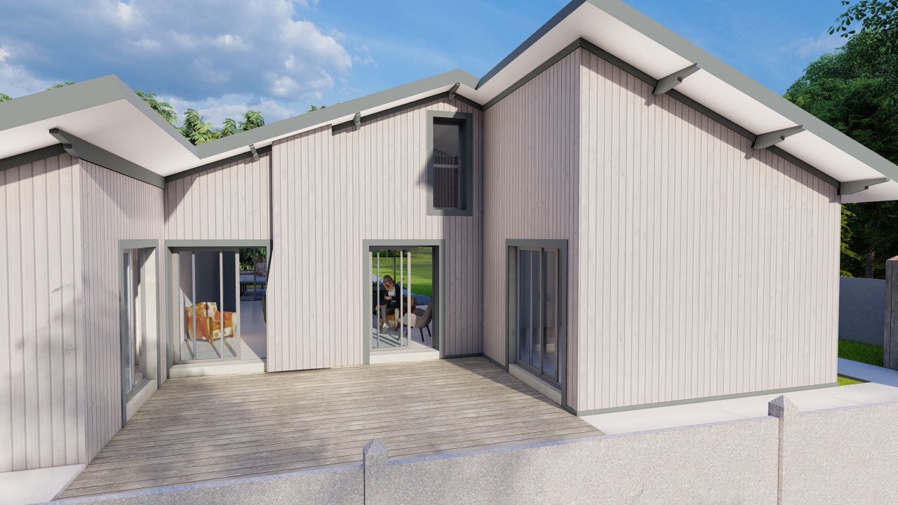 Maison moderne avec bardage bois clair, grandes baies vitrées et terrasse spacieuse sous un ciel ensoleillé.