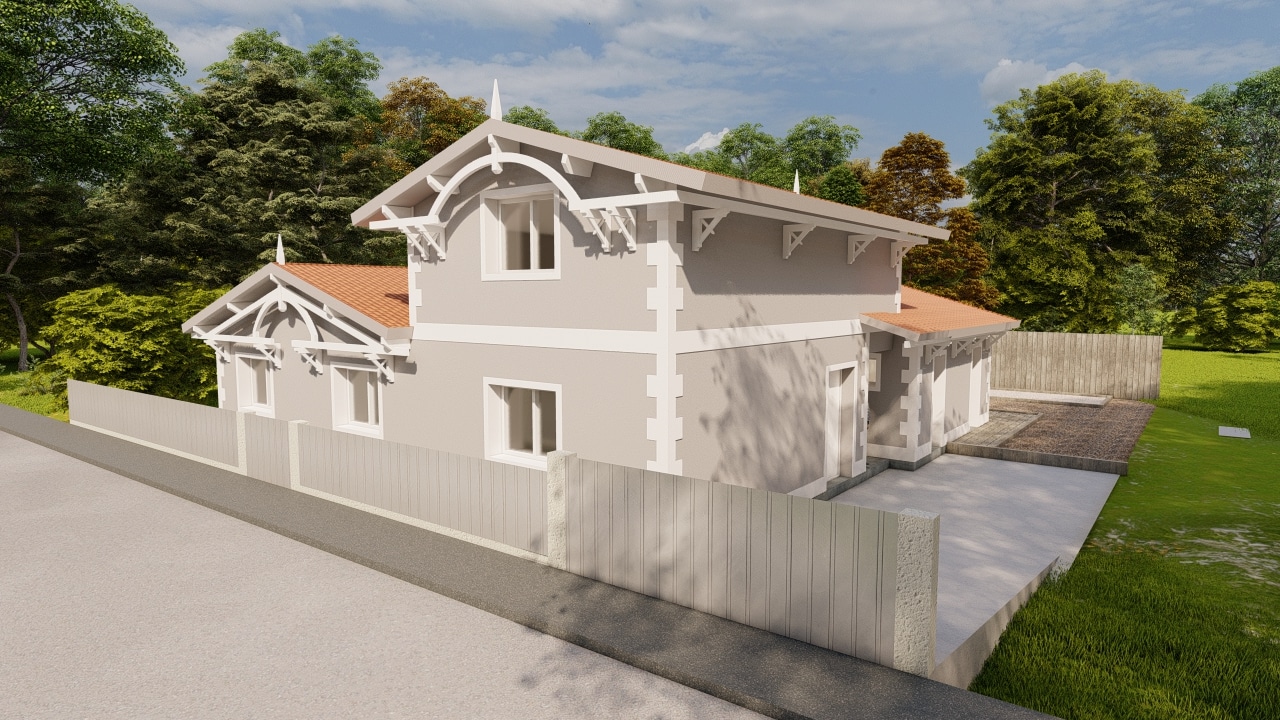 Maison à étage grise avec détails blancs, toit de tuiles rouges et jardin arboré derrière une clôture blanche.