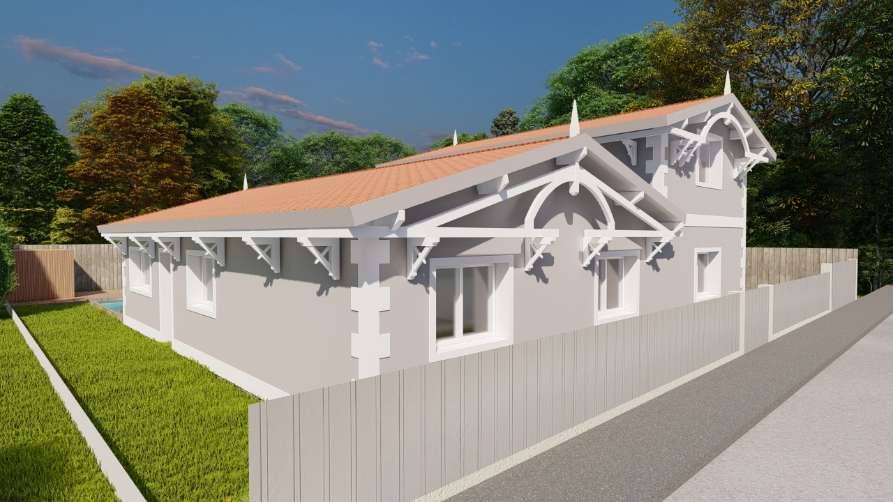 Maison moderne grise avec ornements blancs, toit en tuiles et jardin verdoyant sous un ciel bleu.