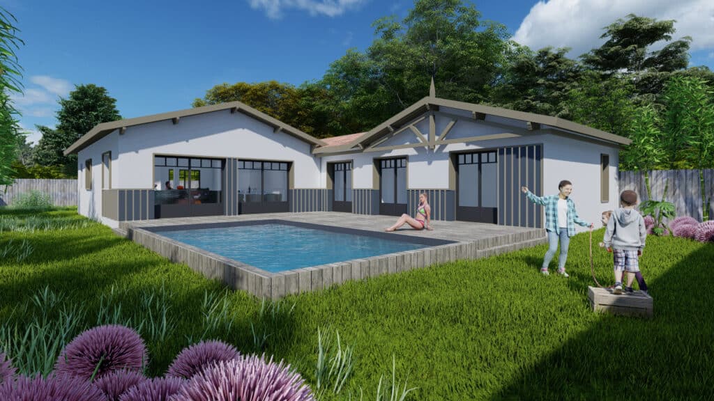 Maison contemporaine avec piscine, terrasse en bois et famille jouant dans un grand jardin ensoleillé.