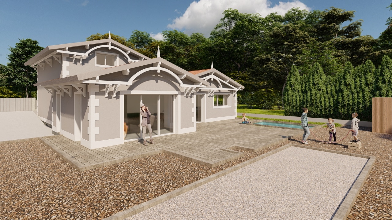 Villa moderne avec terrasse bois, piscine et famille profitant d'un terrain de pétanque dans le jardin.