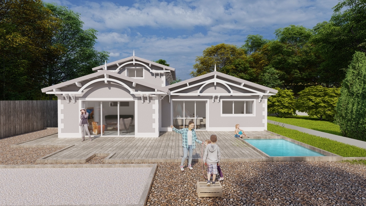 Maison moderne grise avec terrasse bois, piscine et famille qui joue dans un jardin arboré.