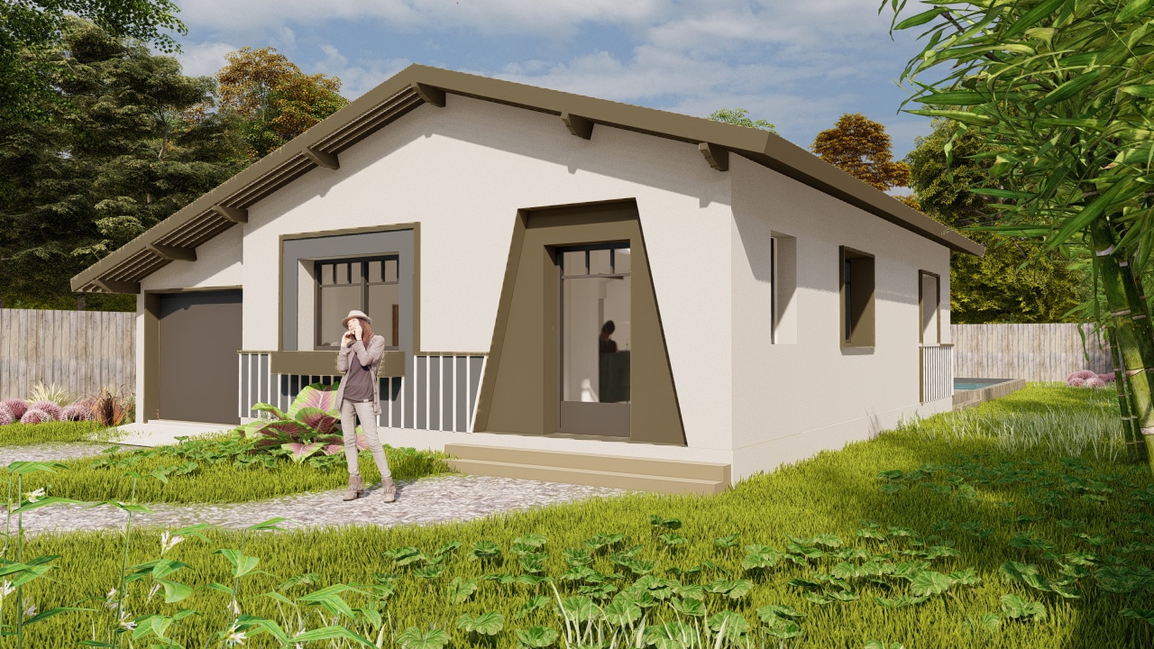 Maison moderne de plain-pied à façade blanche, menuiseries brunes et jardin paysager ensoleillé.