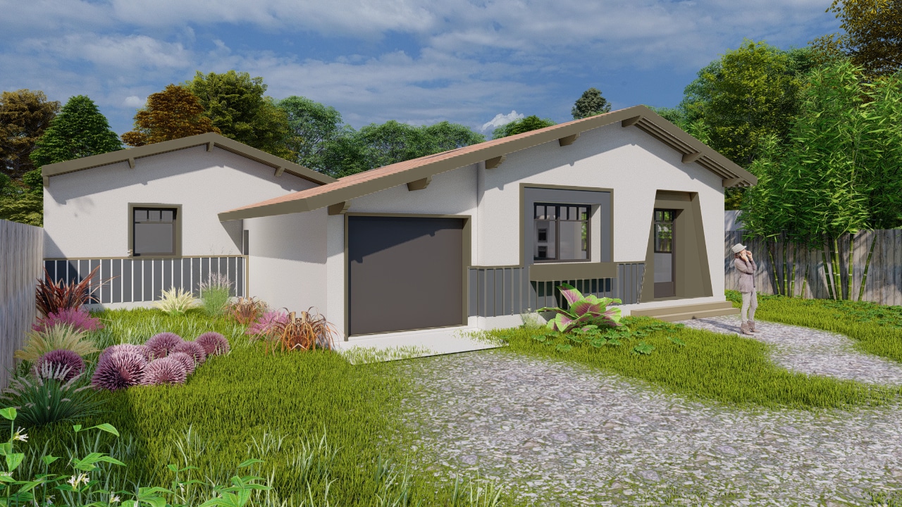 Maison moderne de plain-pied avec garage, façade blanche, toit en tuiles et jardin fleuri coloré.