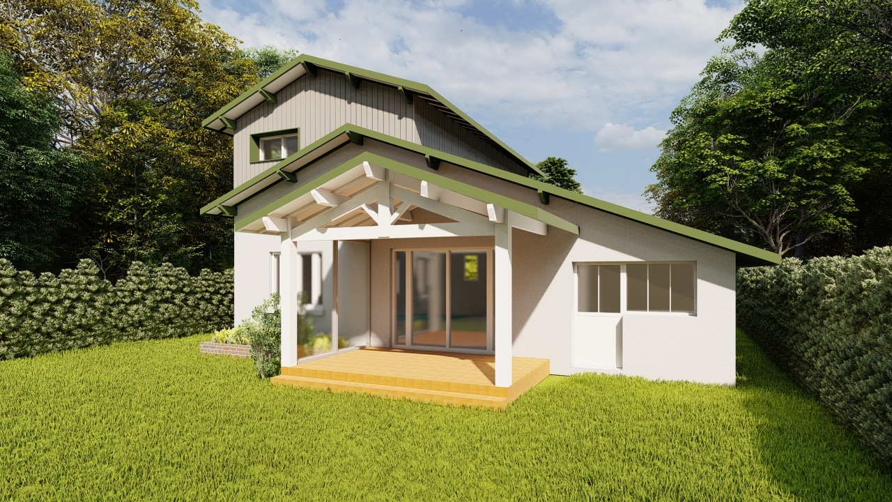Maison moderne avec toiture végétalisée, terrasse en bois et jardin verdoyant sous un ciel bleu dégagé.